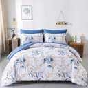 WONGS BEDDING Blue Comforter Set Full, 7 Pieces Botanical l Reversible Bed in a Bag Golden Blue Leaves Bedding Set Soft Microfiber (1 Comforter,2 Pillowcase,2 Pillow Shams,1 Flat Sheet,1 Fitted Sheet)