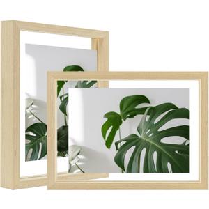 Egofine 6x8 Floating Frames Set of 2, Double Plexiglass Picture Frame, Made of Solid Wood Display Any Size Photo up to 6x8, Wall Mount or Tabletop Standing, Natural Wood