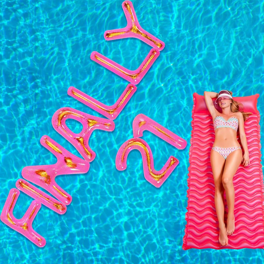 9 Pcs 20" Finally 21 Pool Floats with Adhesive Dots 21st Birthday Party Large Inflatable Floating Letter Set Pink Pool Decorations for Summer Birthday Party Supplies