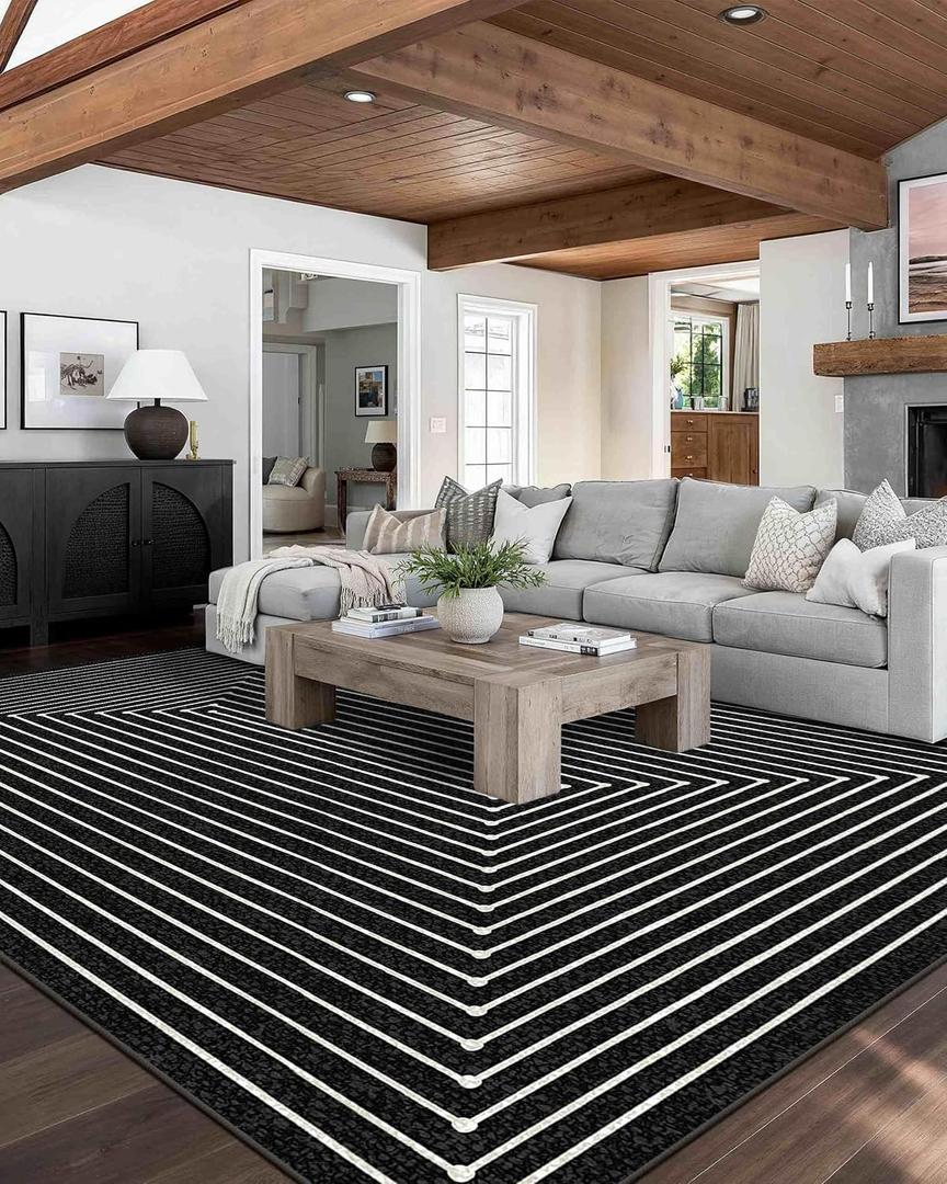 Latte&Fog 9x12 Area Rug for Living Room, Extra Large Black Modern Abstract Washable Rugs, Boho Non Slip Low Pile Carpet for Indoor Bedroom Dining Room, Office, Dorm, Classroom and Farmhouse
