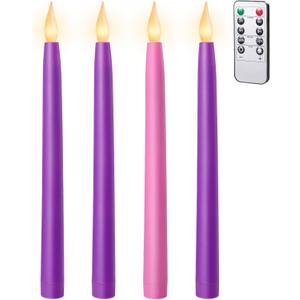10.5'' Advent Candles Battery Operated Set of 5 with Remote, Timer & Dimmer, Plastic Flameless LED Taper Candlesticks for Advent Wreath, Christmas Table Centerpiece Decor (3 Purple 1 Pink)