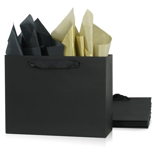 5 Pack Medium Black Gift Bags with Tissue Paper, 10.5"x4"x8.1" Shopping Paper Bags with Ribbon Handles, Perfect for Retail Wrapping, Birthdays, Weddings, Holidays, Parties