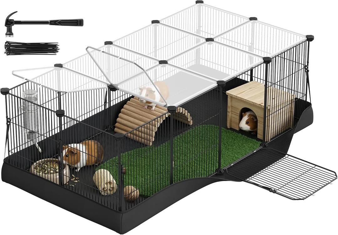 SONGMICS Guinea Pig Cage, Rabbit Cage, Small Animal Playpen with Waterproof Mat, Top and Side Door, 20 Panels, 48.4 x 24.8 x 16.3 Inches, Ink Black ULPI011BH01
