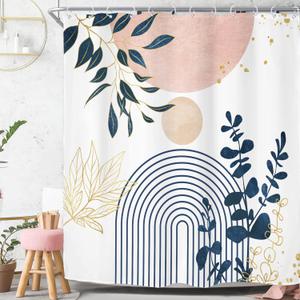 Riyidecor Pink Grey Abstract Boho Modern Mid Century Shower Curtain for Bathroom Decor 72Wx72H Leaves Blue Gold Eucalyptus Plants Blush Art Printed Fabric Polyester Waterproof 12 Pack Plastic Hooks