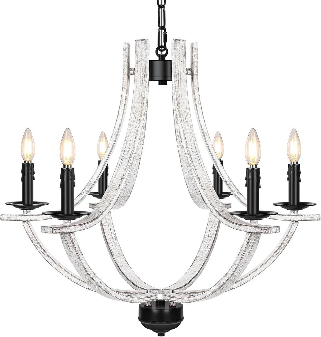 6-Light Farmhouse Chandelier, 23-70 Adjustable Dining Room Light Fixture, Retro Metal Kitchen Island Lighting, E12 Candle Pendant Hanging Light Over Table for Bedroom Entryway, White Oak