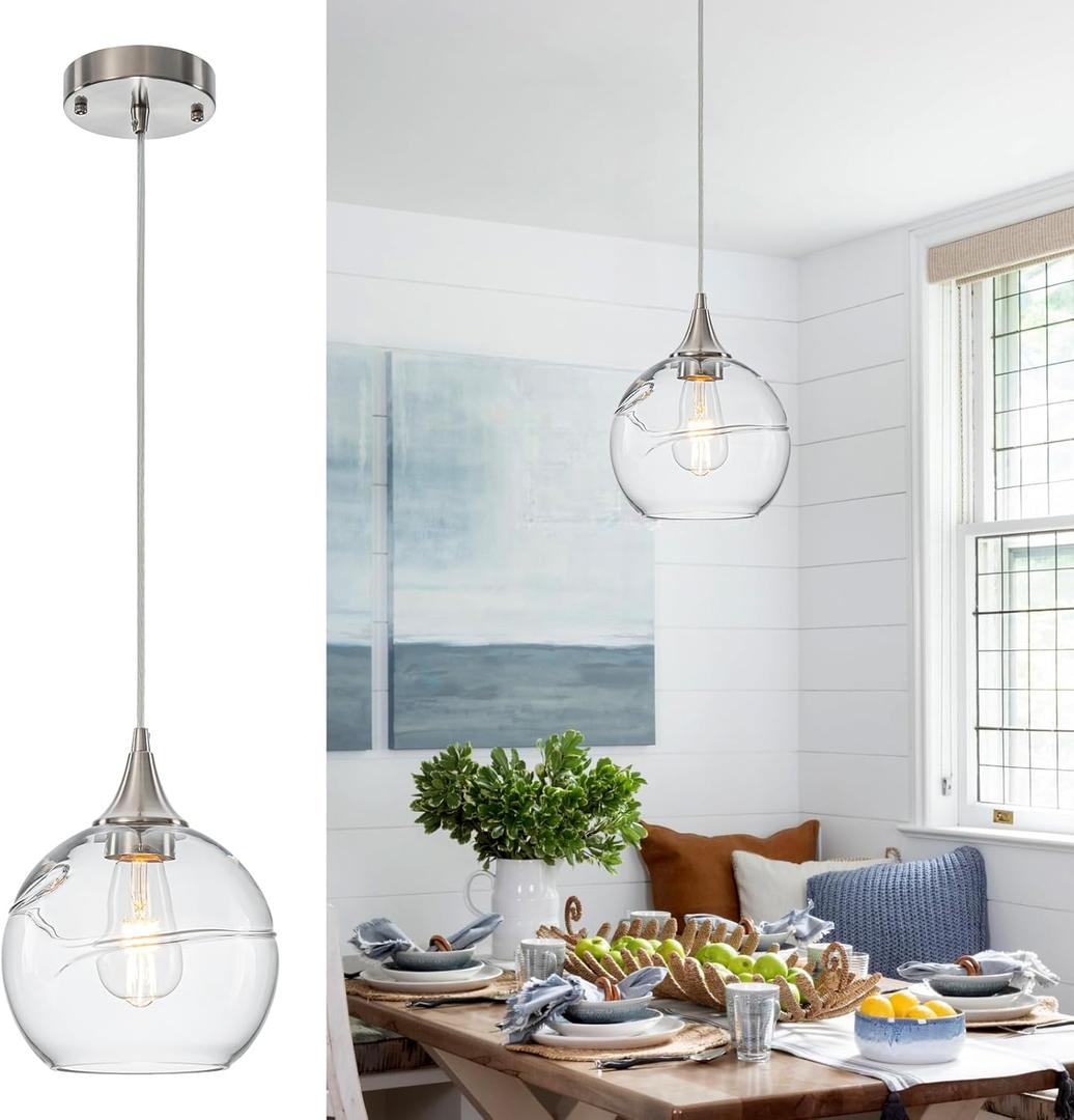 WILON Pendant Lights Kitchen Island Modern Brushed Nickel Ceiling Light Clear Glass Striped Shade Fixtures for Dining Room Hallway