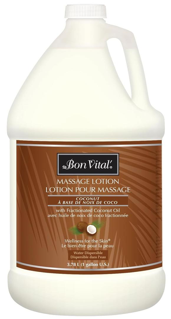 Bon Vital' Coconut Massage Lotion, 1 Gallon, Lightweight Formula with Pure Fractionated Coconut Oil, Professional Therapy Lotion, Hydrating and Unscented