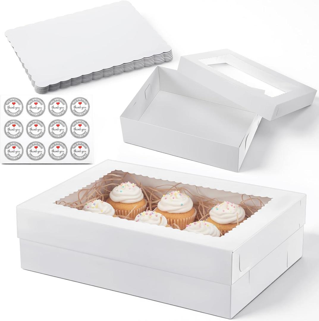 10 Pack 14x10x4 Inches Cake-Boxes with Cake Board White Bakery Boxes with Large Window Rectangle Half Sheet Cake-Boxes for Pastry Baking Cake Donuts Cupcake Pie Packaging