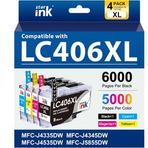 Starink LC406 LC406XL Ink Cartridges Replacement for Brother Printer LC406XL 406 Compatible with MFC-J4335DW MFC-J5855DW MFC-J6555DW MFC-J4535DW MFC-J6955DW MFC-J4345DW MFC-J5955DW, 4 Pack BKCMY (LC406XL Black Cyan Magenta Yellow)