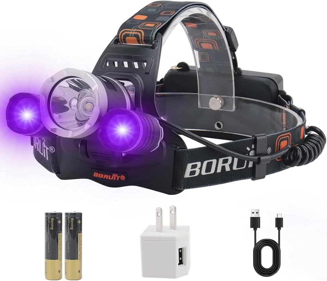 BORUIT RJ-3000 LED Black Light Headlamp,3 Modes White and UV Light Headlamp,Super Bright Rechargeable Blacklight Headlight Head Lamp for Hunting Camping Hiking Fishing Working