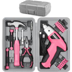 Hi-Spec Cordless Electric Screwdriver, Power Screw Driver Set with Pink Compact Tool Kit for Small Repair and Maintenance- Ideal Housewarming Gift,19 Piece