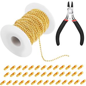 Mudder 65 ft Ball Necklace Chains, 2. 4mm Bead Link Dog Tag Chain Roll with 40 Ball Connectors and Plier for Necklace Hanging Ornament Key Chain Dog Pet Tags (Gold)