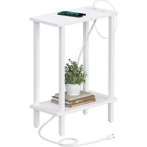 TUTOTAK Small End Table with Charging Station, Narrow Side Table with USB Ports and Outlets, Skinny Sofa Table, Slim Nightstand, Living Room, Bed Room, White TB01BW060 (2-tier)