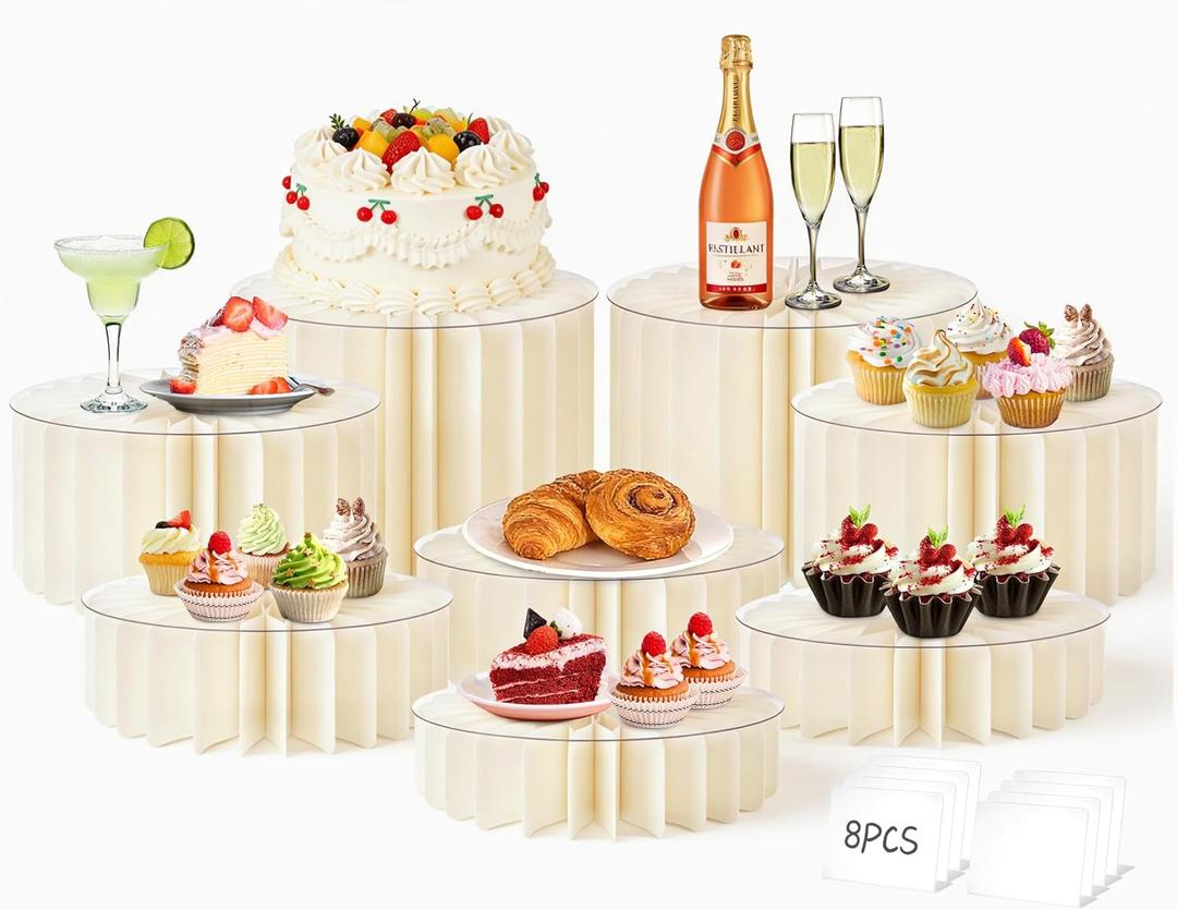 8Pack Buffet Risers Display Stands Foldable Food Risers for Buffet Table Tall Cake Cupcake Stands Cardboard Cylinder Stand Dessert Table Display Set for Catering Jewelry Wedding Party Decor (White)