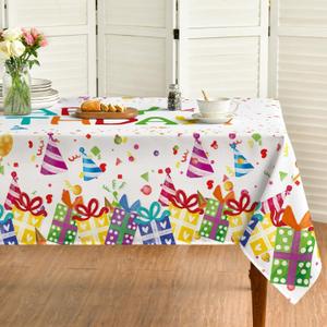 Horaldaily Birthday Tablecloth 60x140 Inch Rectangular, Happy Birthday Ballon White Washable Seasonal Table Cover for Party Picnic Dinner Decor