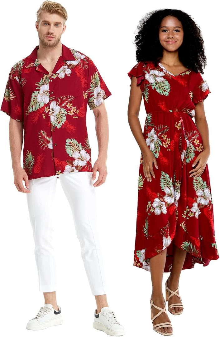 Matchable Couple Hawaiian Luau Shirt or Wrap Ruffle Dress in Pineapple Garden Black (Large)