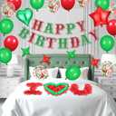 Red Green Happy Birthday Balloons Decorations Christmas Birthday Balloon Letters Banner with 6 Pcs Star Balloons Artificial Rose Petal 24 Flameless LED Candles for Room Hotel Party Supplies