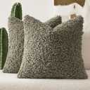 EMEMA Pack of 2 Teddy Faux Fur Throw Pillow Covers 20x20 Inch Soft Fuzzy Sherpa Sheepskin Decorative Cushion Cases Cozy Boucle Fleece for Couch Bed Boho Living Room Decor Olive Green