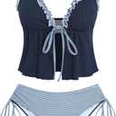 ZAFUL Tankini Swimsuits for Women Smocked Ruffles Tie Front Bowknot Textured High Cut Tanga Tankini Set (Blue, XL)