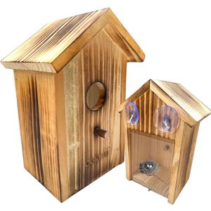 2-Pack Transparent Window Bird House with Suction Cups - Outdoor See-Through Wooden Design Birdhouse for Easy Bird Watching for Kids & Adults (Brown)