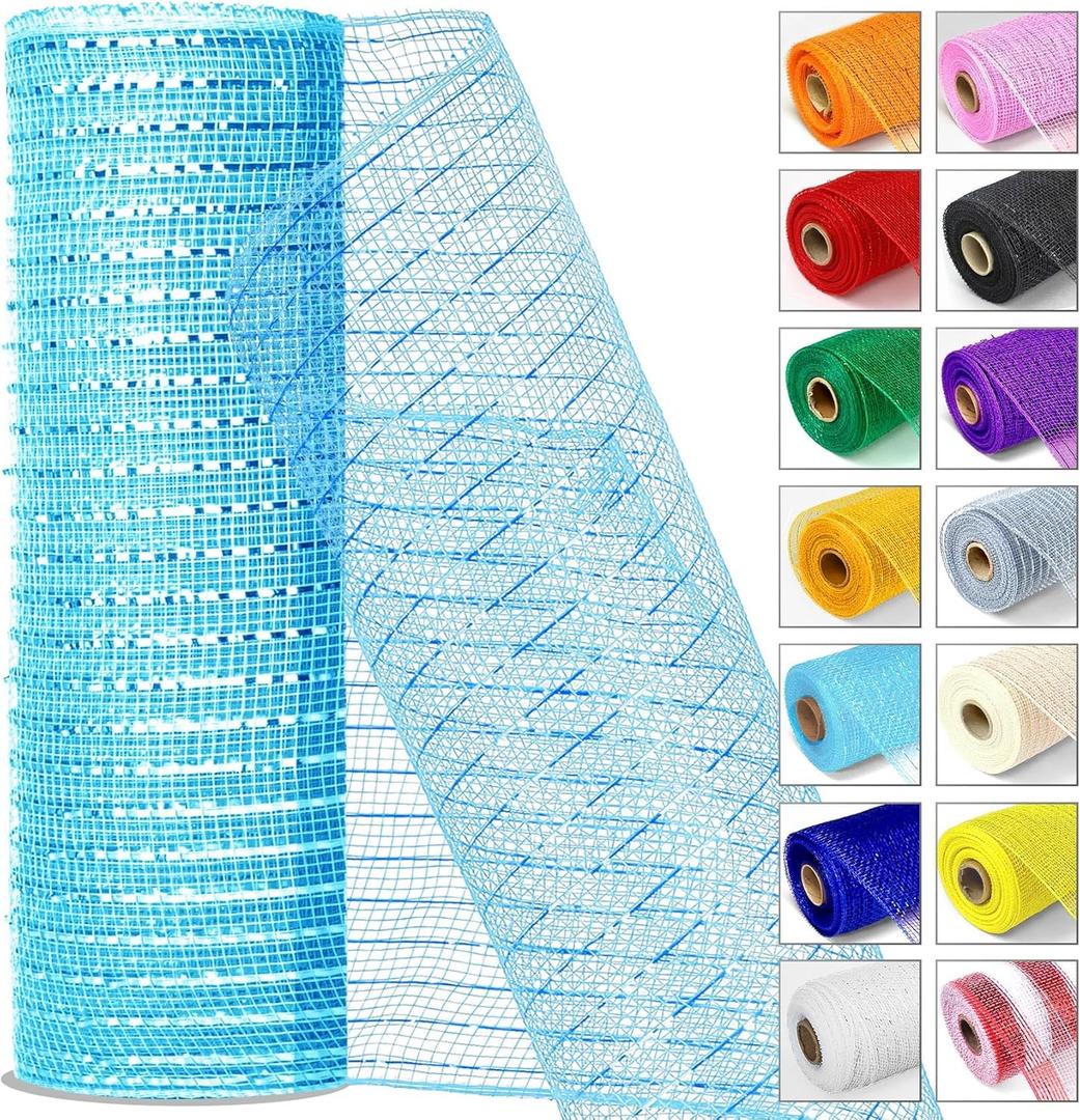 Soft Blue Metallic Deco Mesh Ribbon – 10" x 10 Yards Roll for Wreaths, Crafts, Christmas & Halloween – Sparkly Decorative Mesh for Holiday DIY, Gift Wrapping & Party Decor (1 Roll)