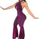 GUOLEZEEV Women Backless Lace Up Halter Jumpsuit Sexy Sleeveless Fit and Flare Pant Romper Playsuit (Small, Purple)