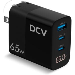 DCV 65W USB C Charger, GaN 3-Port Fast Charging Block with LED Digital Display, PD/PPS/QC 3.0 Foldable Wall Charger for Laptops, MacBook, iPhone 15/14/13, iPad Pro, Galaxy S23/S22, Note 20/10 (Black)