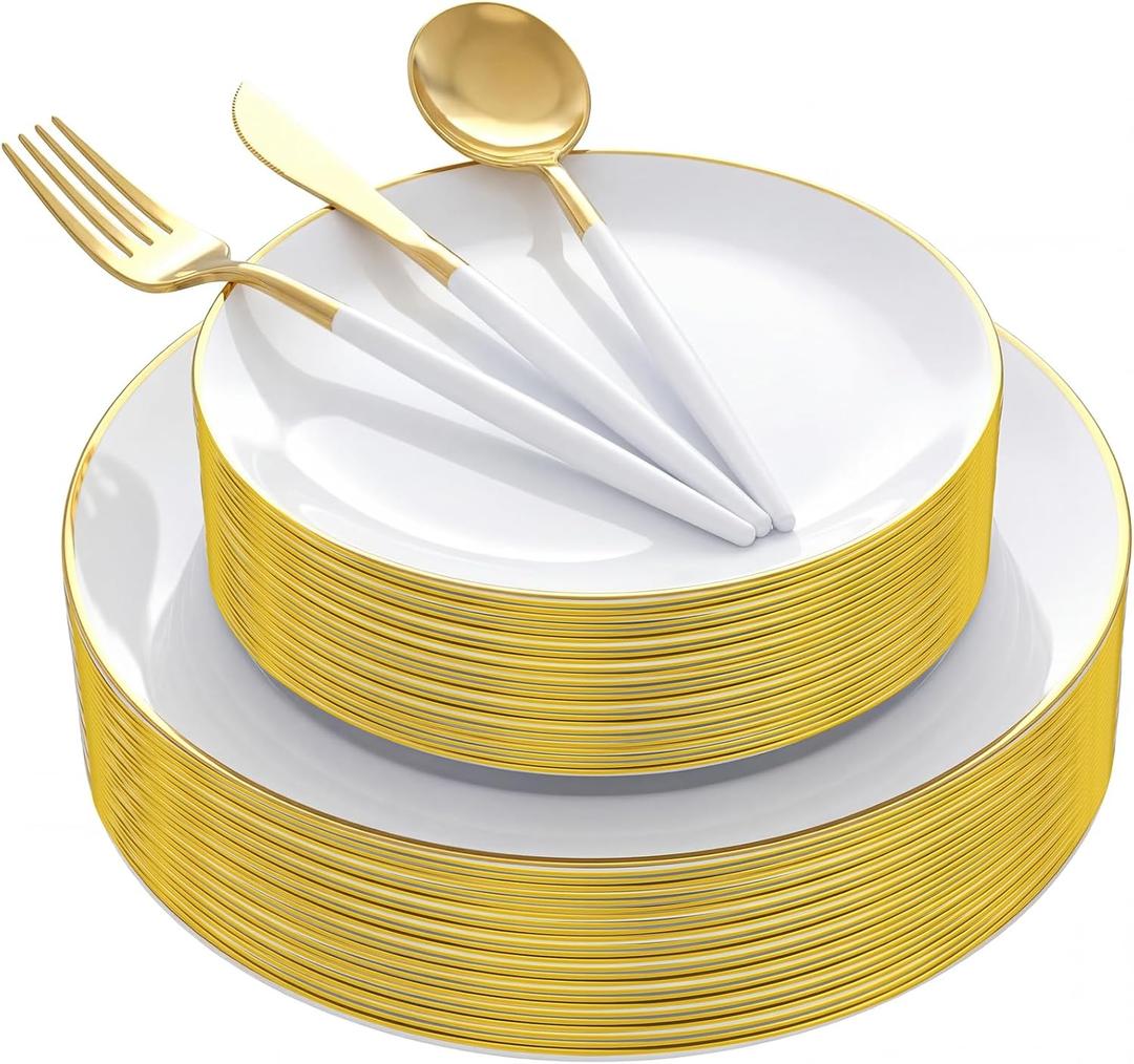 Supernal Elegant White and Gold Plastic Dinnerware Set Premium Heavy-Duty Disposable Plates & Gold Plastic Silverware for Weddings, Outdoor Parties & Birthdays (Serves 30)