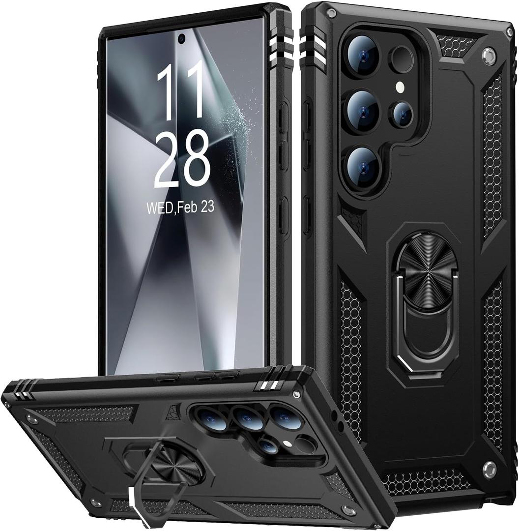 IKAZZ for Galaxy S25 Ultra Case,Military Grade Shockproof Heavy Duty Protective Phone Cover Pass 16ft Drop Test with Magnetic Kickstand Car Mount Holder Black