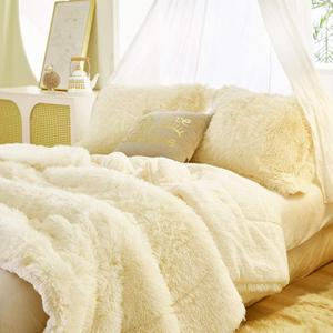 Flysheep Luxury Faux Fur Twin Size Winter Comforter Set Shaggy Velvet Cream Beige Long Hair, 3 Pieces Plush Flannel Sherpa Backing Reversible Soft Microfiber Super Warm Bedding Set for Holiday (Twin-68"x86")