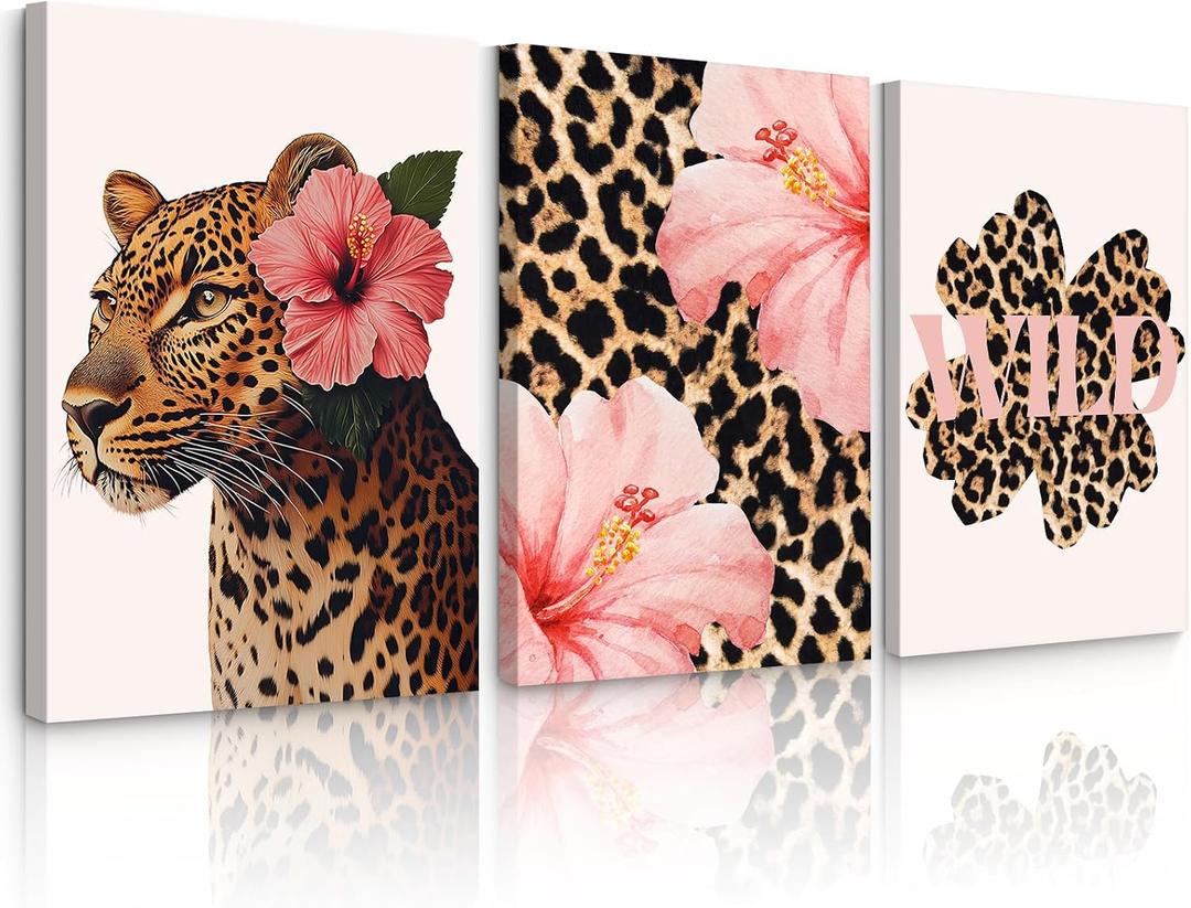 Trendy Leopard Wall Art Pink Cheetah Print Room Decor Leopard Flower Canvas Wall Decor Cheetah Aesthetic Poster Girly Pink Preppy Picture Funky Y2k Artwork for Girl Bedroom 16x24x3 Inch Wrapped Canvas