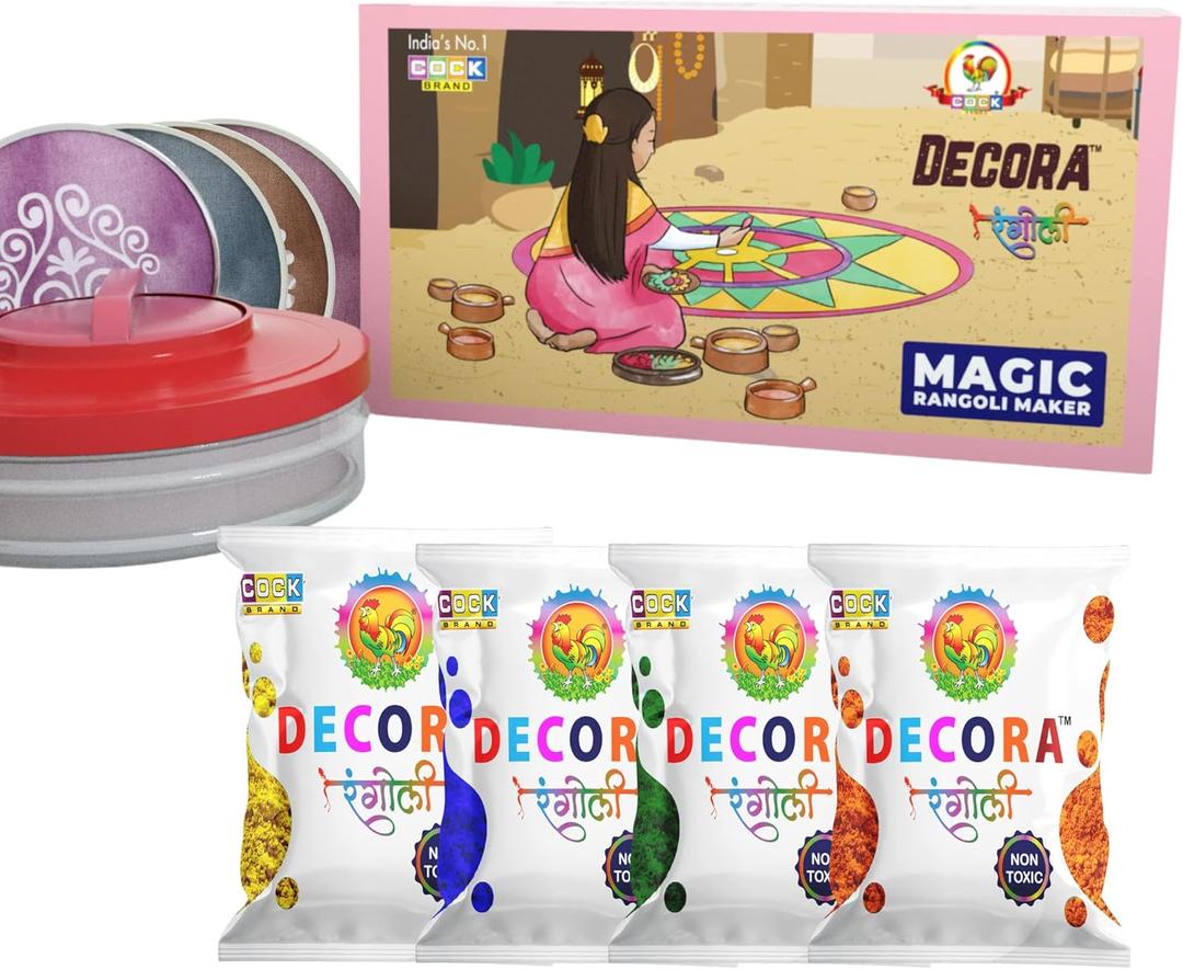 Decora Magic Rangoli Maker Kit  Includes 4 Assorted Rangoli Powder Colours, 4 Reusable 10 cm Stencils & 1 Magic Tool  Rangoli Making Kit for Diwali, Navratri, Pongal & Mandir Decoration