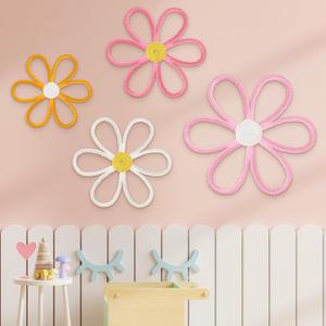 Ganeen Boho Nursery Woven Daisy Flowers Daisy Wall Decor Nursery Decor Macrame Wall Hanging Supply for Girl Bohemian Art Home Bedroom Room Flowers Set of 4(6 Petals)
