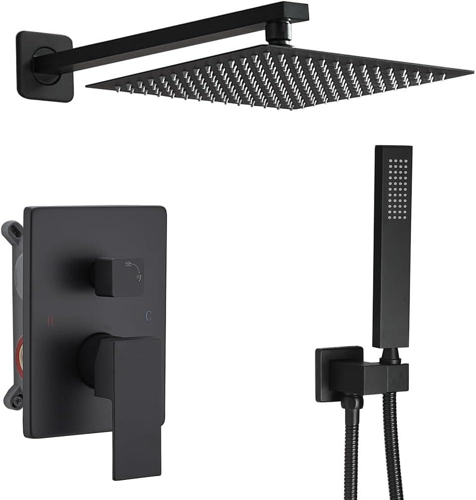 Shower Faucet Set Rain Shower System Matte Black with High Pressure 10-Inch Shower Head Handheld Square Shower Head Bathroom Luxury Rain Shower Faucet Shower Complete Combo Kit Wall Mounted