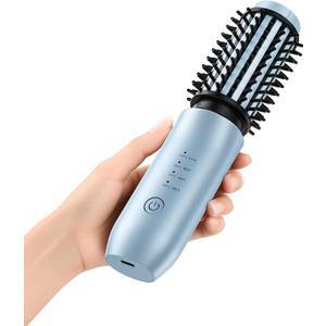 CARESKY Cordless Curling Iron Brush, 1.5 Inch Mini Travel Hair Curler with 200 Million Negative Ions, Portable Heated Round Straightener Brush Rechargeable for Curl, Touch-Up (Serene Blue)