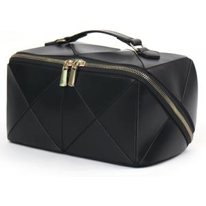 IMCUZUR Travel Makeup Bag Large Cosmetic Bag for Women, Open Flat Make up Bag Portable Skincare Bag with Handle (Black)