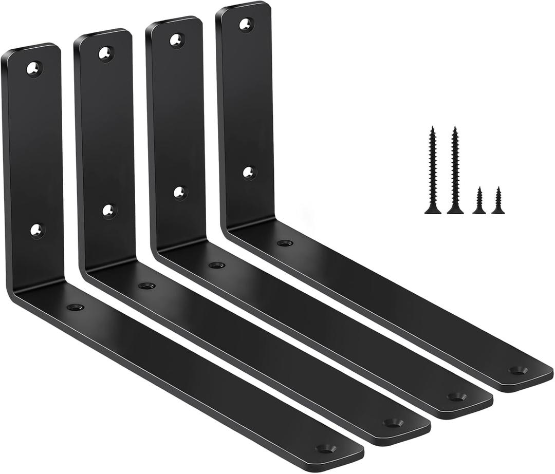 4 Pack - L 10" x H 6" x W1.5, 5mm Thick Black L Shelf Bracket, Iron Shelf Brackets, Metal Shelf Brackets, Floating Shelf, Shelf Supports with Screws