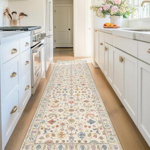 2x8 Area Rug Print Washable for Living Room Low Pile Non Slip Soft Thin Carpet Boho Vintage Floral Rug Stain Resistant for Bedroom Dining Room Kitchen Playroom Creamwhite (Cream/White/Multi)