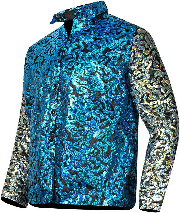 Mens Joe Shiny Sequins Shirt Button Down Dress Costume Shirt (Large, Blue)