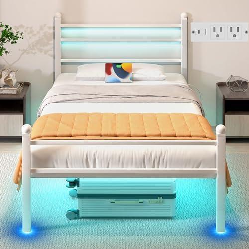 J.Fkne Twin Bed Frame with LED Lights & Charging Station, Metal Platform Bed with Headboard, Heavy Duty Metal Slats, No Box Spring Needed, Noise Free, Easy Assembly, White
