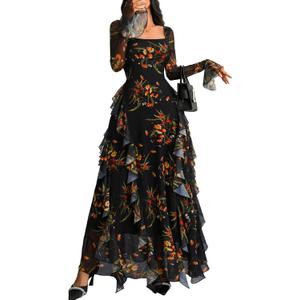 GothDark Women's Floral Dress Mesh Sheer Long Sleeve Square Neck Ruffle Layered Elegant Date Night Holiday Party Outfit, Small, Orange Print