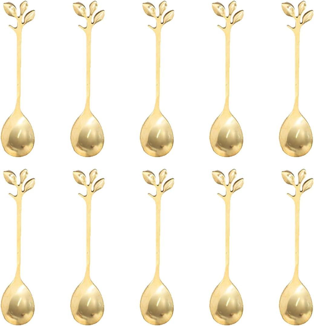 INPROPEXT 10Pcs Gold Coffee Spoons Set, 4.72inch Leaf Mini Espresso Tea Stir Spoon for Coffee Bar Charcuterie Board, Stainless Steel Small Dessert Demitasse Spoons for Sugar, Ice Cream, Cake (Slim)