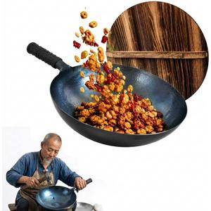 Pure Iron Nonstick Wok with Lid, 14 Inch Large Round Bottom Pan
