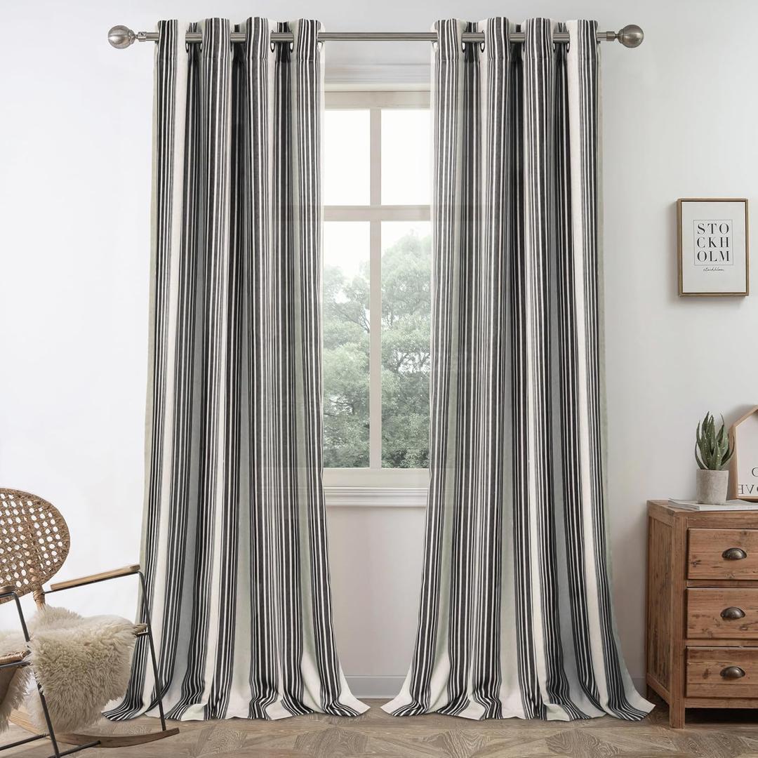 DriftAway Farmhouse Curtains for Living Room Vertical Striped Linen Curtains Semi Sheer Light Filtering Grommet Window Treatments, 96 Inches Long, 2 Panels, Black on Beige