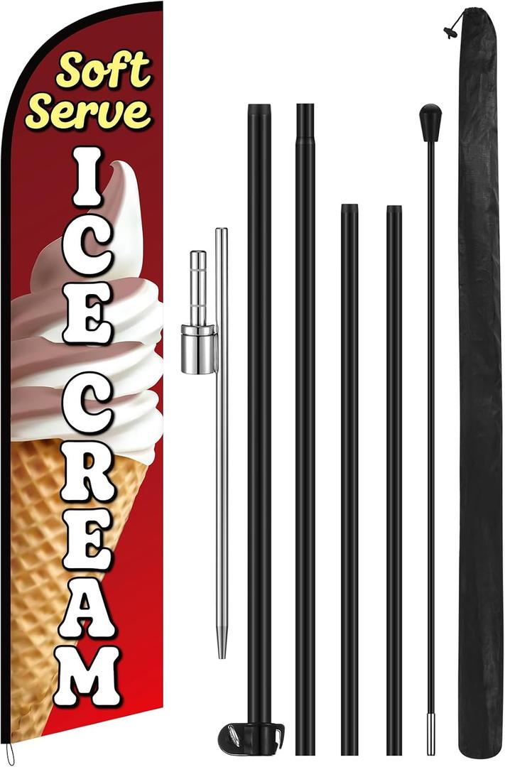 Mindsoft 15ft Soft Serve Ice Cream Feather Flag Kit Vibrant Banner Feather Flag with Pole Ground Mount and Storage Bags for Business Advertising Grand Openings Shops