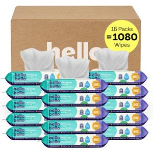 Hello Bello Premium Fragrance-Free Baby Wipes, with Chamomile & Aloe Extracts for Sensitive Skin - 18 Resealable Packs = 1080 Total Wipes
