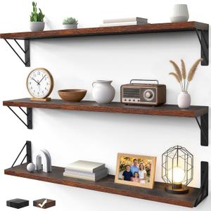 BAYKA Wall Shelves for Bedroom Decor, Floating Shelves for Wall, Display Mounted Rustic Wood Shelf for Books,Plants,Corner Shelves for Bathroom,Kitchen,Living Room(Rustic Brown36inSet of 3)