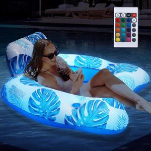 Light Up Inflatable Pool Floats for Adults with Colorful Lights, Floating Seats with Cup Holder, Backrest, Swimming Pool Water Pool Floaties Chair, Tanning Pool Lounge Raft for Summer Party Lake Beach