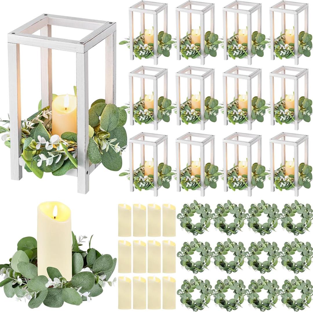 Geelin 12 Set 10.59'' White Wooden Lanterns for Wedding Centerpieces Include 12 Wooden Lantern 12 LED Candle 12 Eucalyptus Leaves Wreath for Wedding Baby Shower Farmhouse Table Decor