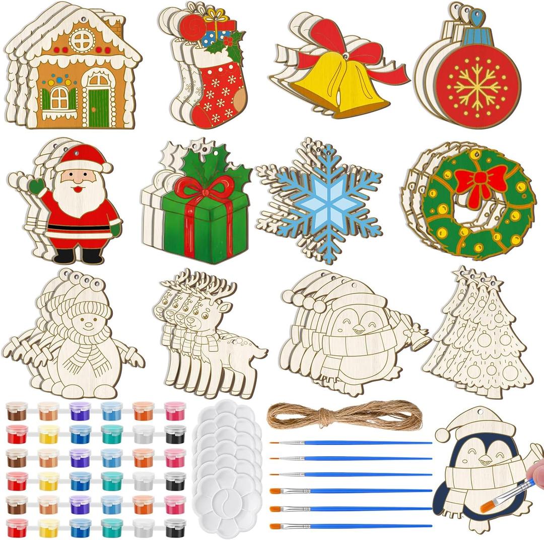 Jenaai 36 Set Christmas Wooden Painting Kit DIY Unfinished Blank Ornaments Craft Set Snowman Santa Xmas Tree Hanging Decorations Birthday Holiday Party Favor for Kids Christmas
